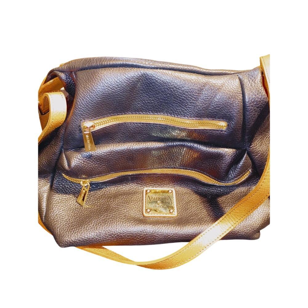 Valentina Black Tan Pebbled Leather Crossbody Purse Shoulder Bag Handbag Satchel